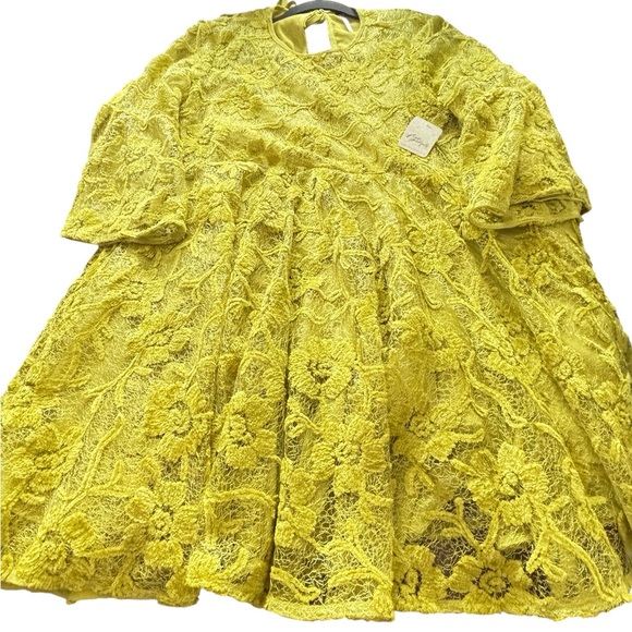NWT Free People Le Fleur Mini Dress Lentil Sprout XS Lace Lined Bell-Sleeve Boho - Picture 5 of 14